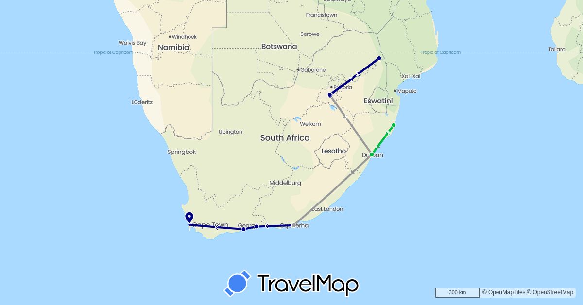 TravelMap itinerary: driving, bus, plane in South Africa (Africa)